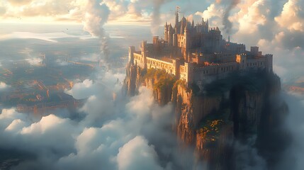 Aerial view of majestic castle on cloud-shrouded cliff, sunset backdrop, fantasy game art