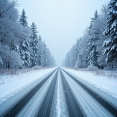 Fototapeta premium Snow-covered road stretching through a winter forest. Serene and peaceful winter landscape.