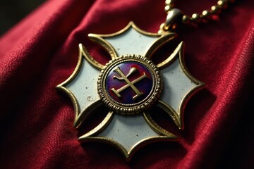 Close-up view, St Florian Maltese Cross, white on black , isolated, emergency services