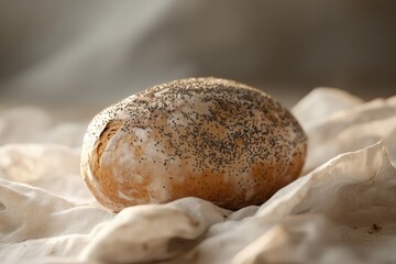 A freshly baked loaf of poppy seed bread rests on a linen cloth, showcasing its golden-brown crust and speckled surface.