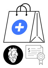 Medical shopping bag with heart icon, paper certificate. Ideal for healthcare services, medical education, heart health, certifications, healthcare marketing, insurance, medical supply abstract line
