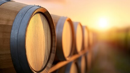 close-up of wooden barrels, vineyard setting, orange-pink sunset light, calm and inviting, isolated on white background