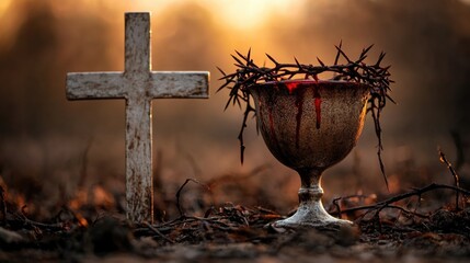 Crown of thorns and chalice with cross at sunset in symbolic reflection. Easter, Pascha, Paskha, Ostern, Pascua, Paques - Orthodox and Catholic Holiday celebration
