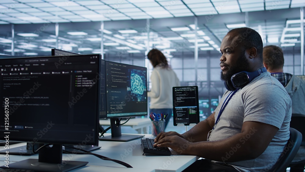 Poster engineer working in high tech establishment providing computing resources for different workloads. a