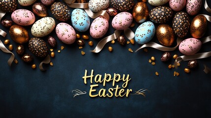 Colorful easter eggs with ribbons on dark background celebrating happy easter. Easter, Pascha, Paskha, Ostern, Pascua, Paques - Orthodox and Catholic Holiday celebration