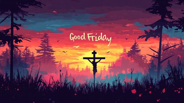 Good friday silhouette of crucifix at sunset with vibrant sky and trees. Easter, Pascha, Paskha, Ostern, Pascua, Paques - Orthodox and Catholic Holiday celebration - Powered by Adobe