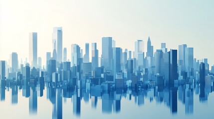 Fototapeta premium In a futuristic setting, reflective glass structures dominate under a cloudless sky, with a mirrored cityscape at the forefront