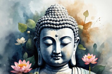 Colorful Buddha statue portrait vintage painting with flower decoration, culture and religion theme concept illustration texture design.
