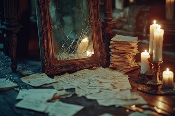 Shadows dance in a dark chamber where a cracked mirror, a flickering candle, and a stack of documents rests