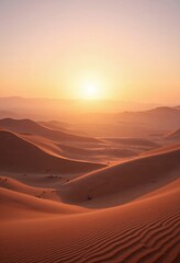 Naklejka premium Golden desert dunes at dawn, surrounded by mist and pastel hues