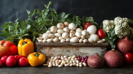 Vibrant assortment of fresh vegetables and mushrooms in a rustic wooden crate, showcasing natures bounty for healthy cooking and culinary inspiration.