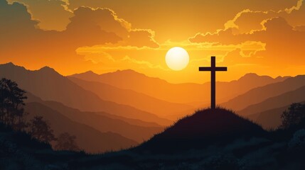 Sunset silhouette of cross on mountain landscape with golden sky and clouds. Easter, Pascha, Paskha, Ostern, Pascua, Paques - Orthodox and Catholic Holiday celebration