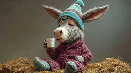 Cozy animated donkey wearing knit outfit and holding coffee cup