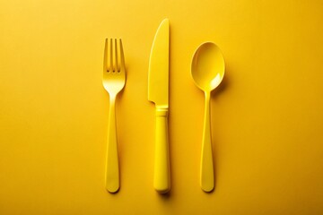 Yellow Cutlery Silhouette on Yellow Background - Minimalist Tableware Stock Photo