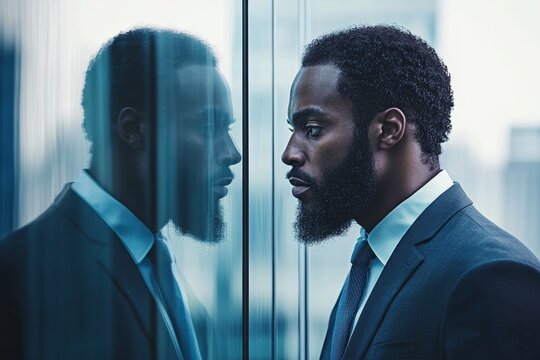 African American businessman reviewing himself in a mirror before starting a new job