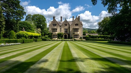 Stunning manor in a rural setting, wide open spaces and greenery, reserved space for elegant text, high-end and luxurious feel