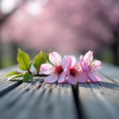 Delicate pink blossoms rest gently on weathered wood, a serene springtime scene. Soft sunlight illuminates the petals, creating a peaceful moment.