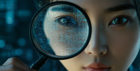 In front of the mirror, a woman&rsquo;s image is reflected next to a blue-tinted computer screen