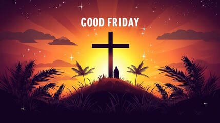 Good friday sunset with silhouette of cross and palm trees. Easter, Pascha, Paskha, Ostern, Pascua, Paques - Orthodox and Catholic Holiday celebration