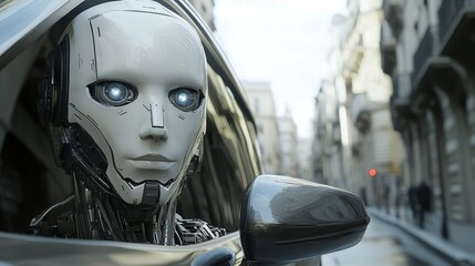 A reflective robot face in the rearview mirror denotes autonomous driving and upcoming robotaxi services