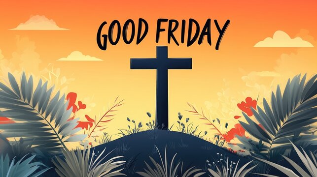 Cross on hill at sunset with tropical plants and good friday text. Easter, Pascha, Paskha, Ostern, Pascua, Paques - Orthodox and Catholic Holiday celebration