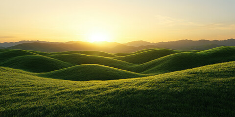 Fototapeta premium Sunset over Grassy Hills and Distant Mountains