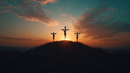Silhouetted crucifixion scene at sunset with three crosses on hill. Easter, Pascha, Paskha, Ostern, Pascua, Paques - Orthodox and Catholic Holiday celebration