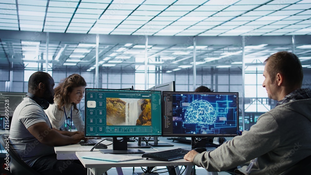 Poster it professional in office building ai diffusion model app turning text into clips. system administra
