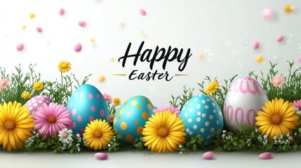 Colorful easter eggs with spring flowers and festive greeting text. Easter, Pascha, Paskha, Ostern, Pascua, Paques - Orthodox and Catholic Holiday celebration