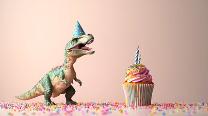 A whimsical scene of a dinosaur with a birthday hat, next to a cupcake decorated with vibrant sprinkles, set against a neutral background that adds a touch of cheer to any celebration.