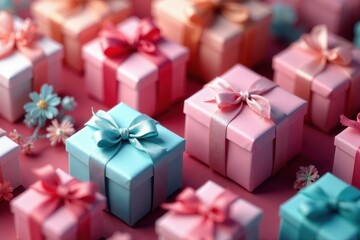 Obraz premium Array of elegant gift boxes, love label, silky ribbons , romantic, celebration