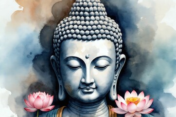 Colorful Buddha statue portrait vintage painting with flower decoration, culture and religion theme concept illustration texture design.
