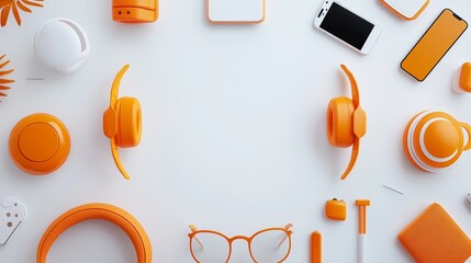 Tech clearance sale banner, trendy gadgets on clean white backdrop, ample space for pricing and discounts, minimalist and engaging design