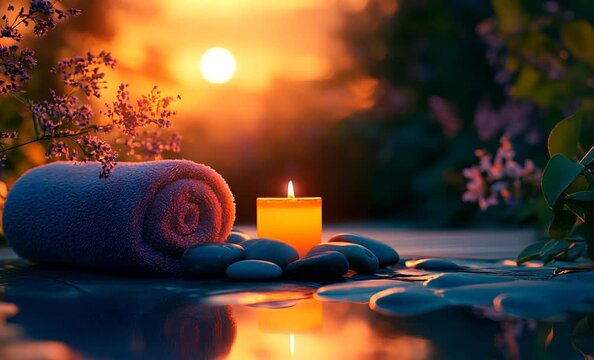 Rolled towel and burning candle on pebble beach at sunset creating a relaxing atmosphere