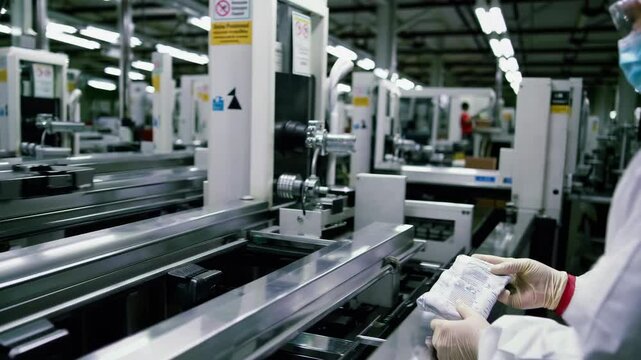 interior view of a food processing plant, showing conveyor belts carrying packaged goods, automated sorting machines, and workers conducting quality checks
