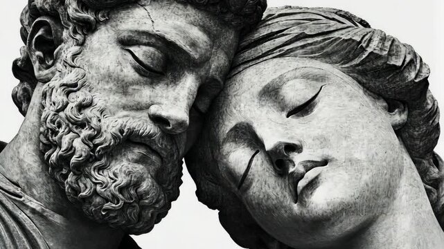 Emotional connection captured in a classic marble sculpture of a couple embracing in deep affection