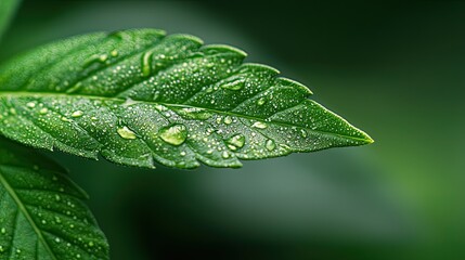 Fototapeta premium Fresh green leaves glisten with raindrops in a lush garden setting during early morning light