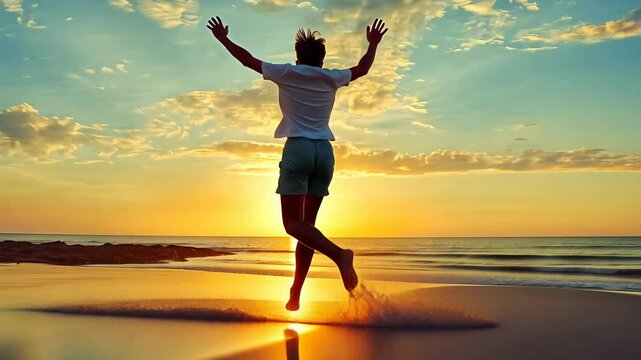 Young Asian male rejoicing ocean waves sunset Man celebrates vibrant sunlit sea Joyful expression golden hour backdrop