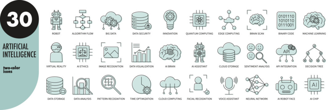 Artificial intelligence, machine learning, AI, neural networks thin line icons set with light blue fill. Data security, facial recognition, cloud computing. Outline icons, vector illustration