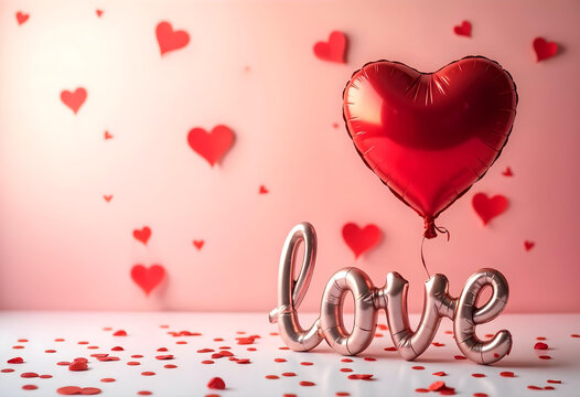 LOVE text Valentine's heart shaped balloons on pink romantic background - Powered by Adobe