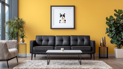 Interior with black sofa in front of the wall with art to present a cozy home and calm ambience