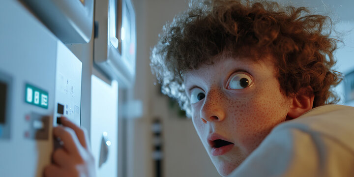 Boy with Curly Hair Interacting with Control Panel