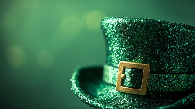 Sparkling Green Top Hat with Gold Buckle on Soft Focus Background Perfect for Celebrations, Events, Parties, and Festive Occasions Related to Irish Culture and Celebrations