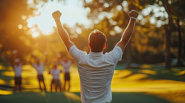 Golfer celebrates victory during sunset at a golf course in summer with friends cheering in the background
