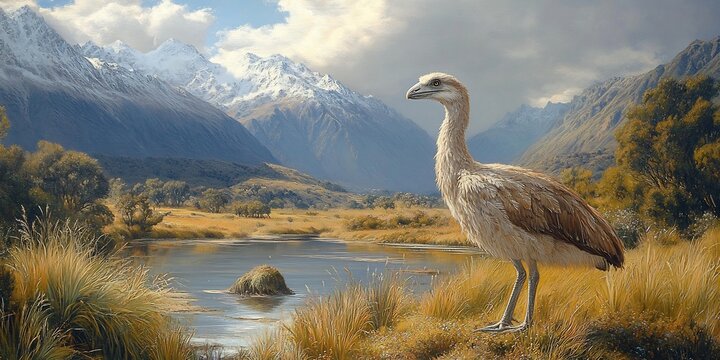 decorative art of ancient moa birds in their natural ecosystem, with towering frames and vibrant textures, blending harmony, dynamic motion, and colorful abstract composition
