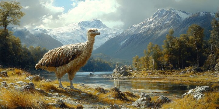 moa birds towering over a new zealand landscape, showcasing strong legs and feathered bodies, emphasizing balance, symmetry, and vibrant abstract design"