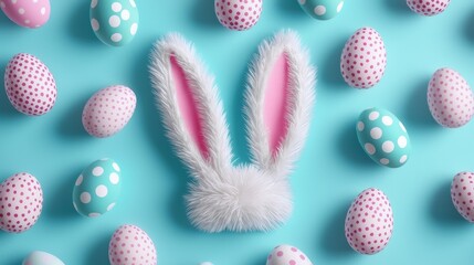 Bunny ears and decorated Easter eggs arranged in a repeating pattern, styled in vibrant pop art with dramatic shadows and halftone effects