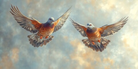 Fototapeta premium modern decorative art illustrating a pair of passenger pigeons flying gracefully, capturing their vibrant essence with colorful patterns, dynamic lines, and a balanced, minimal aesthetic