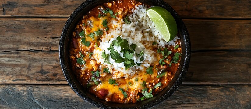 An overhead shot of a sizzling chicken chili relleno, with green chiles and gooey cheese, served with a side of fluffy rice, garnished with cilantro and lime, captured on a rustic wooden table.