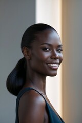 Beautiful Black Woman Smiling Portrait Ponytail Grey Background